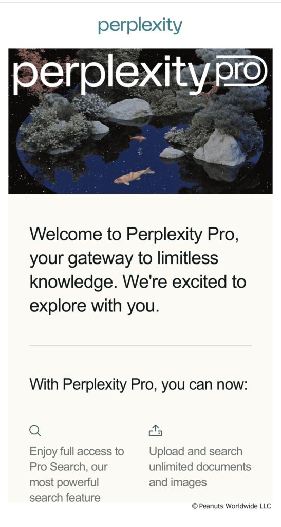 【画像:Perplexityからの「You've been upgraded to Perplexity Pro」】