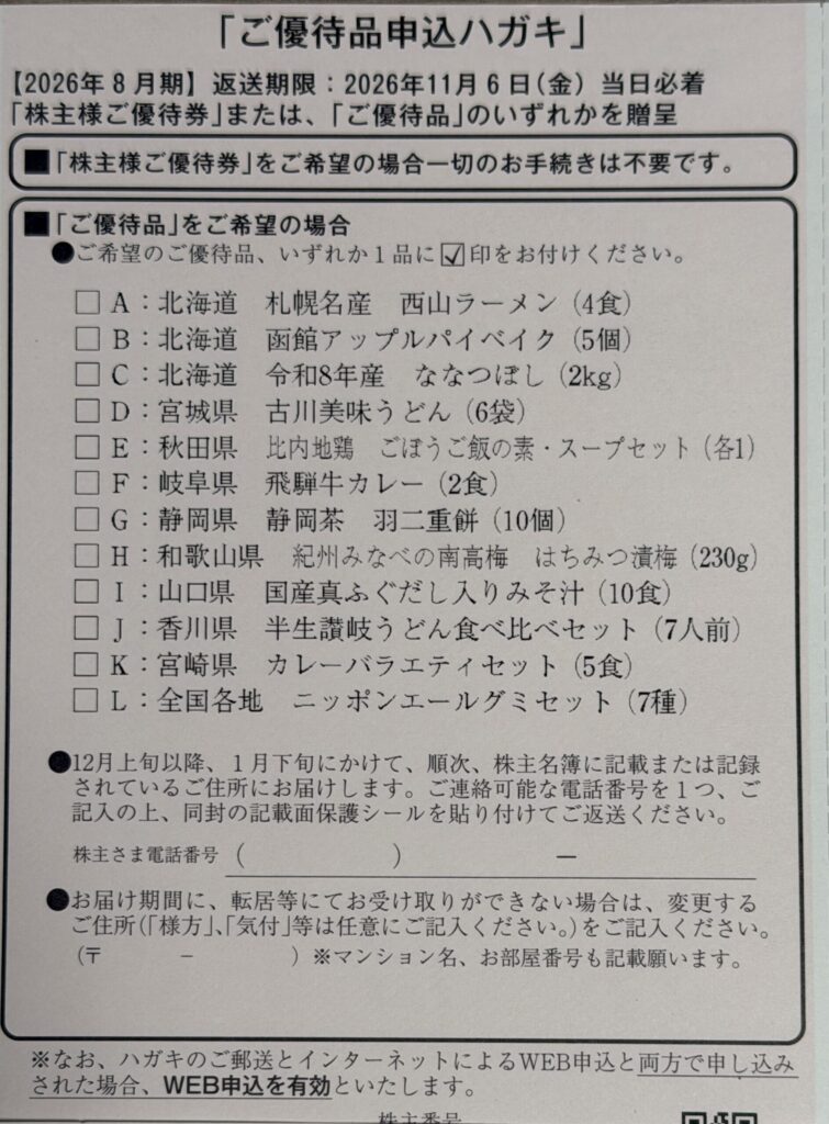 【画像：ご優待品申込ハガキ】